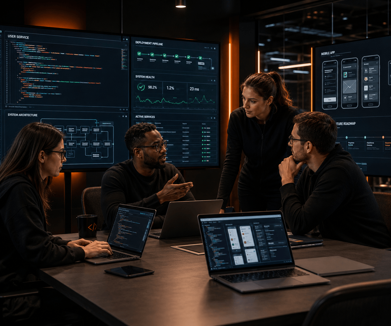 Armel-x Tecnologia team reviewing architecture dashboards, deployment pipeline and a mobile app