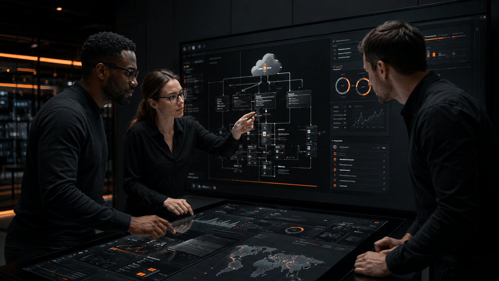 An Armel-x specialist presenting a solution architecture on an interactive screen
