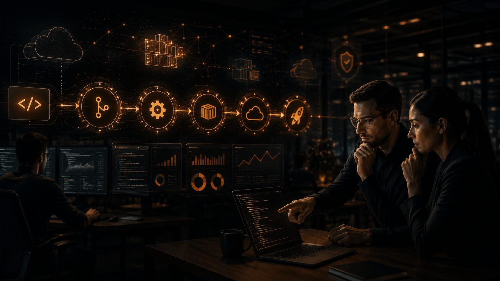 Pipeline de DevOps conectando desenvolvimento, testes e publicação de software